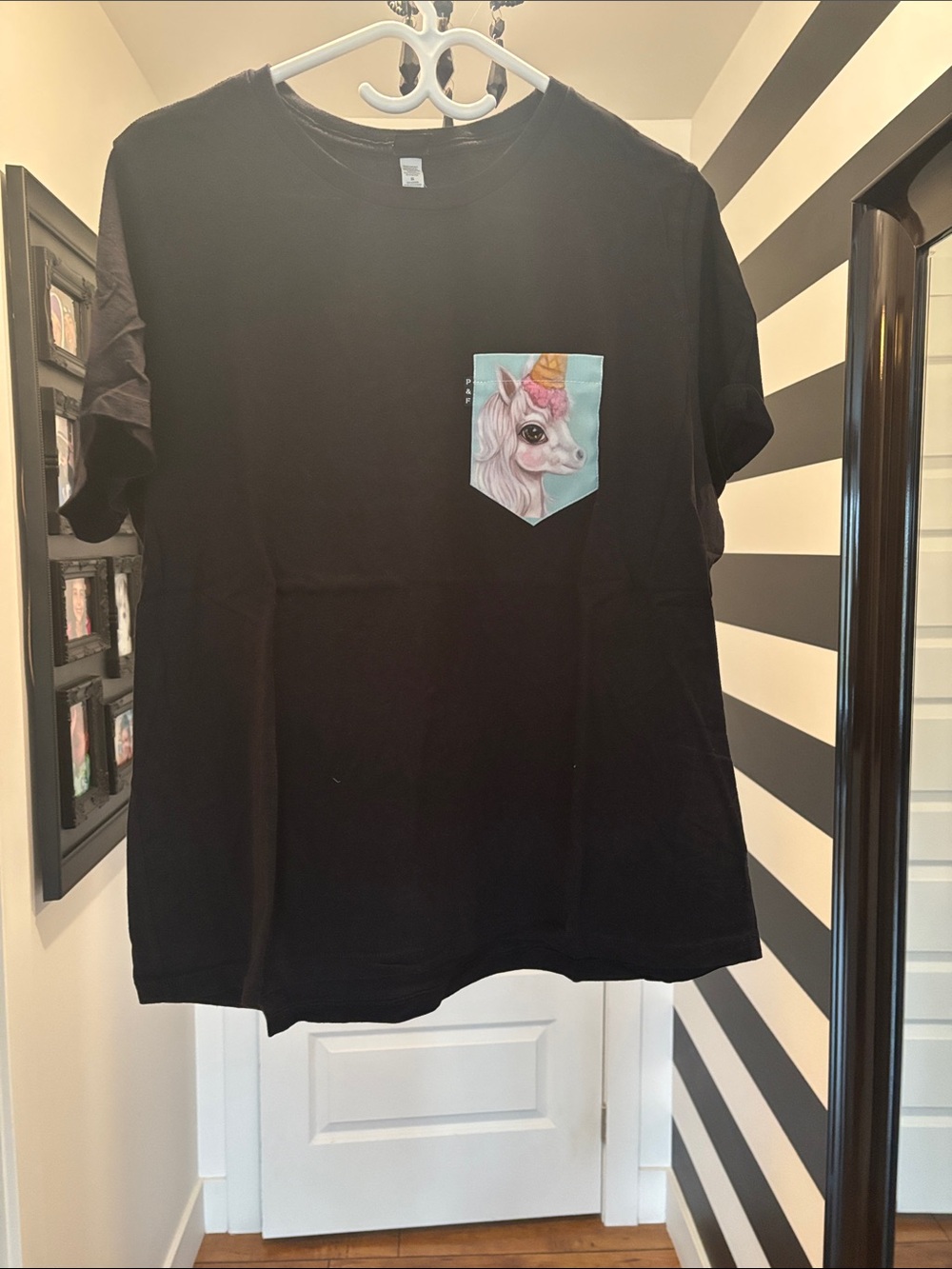 Black Short Sleeve Tee with Unicorn Pocket Graphic